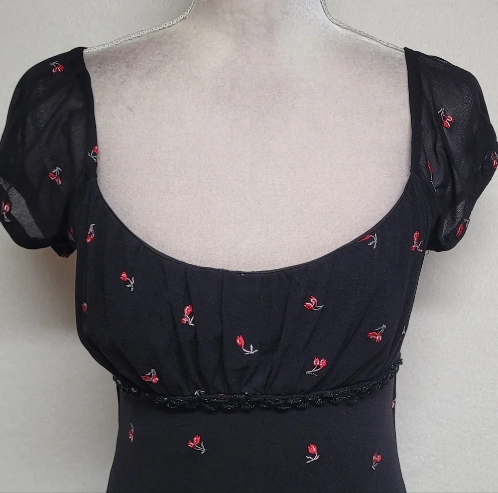 Rampage Vintage 80s Whimsigoth Black Red Ditsy Floral Puff Sleeve Babydoll Dress - Picture 3 of 11